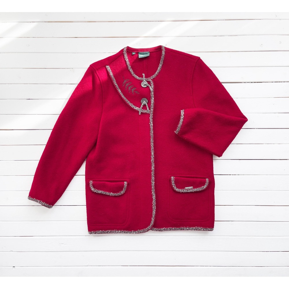 vtg Geiger red boiled wool Austrian Tyrolian sweater cardigan jacket S-M‎